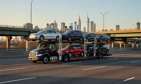 Car transporter with the New York, United States skyline behind it