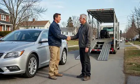 Vehicle owner beside their delivered car in Albany, New York, United States