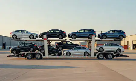 Car transporter parked in an industrial area of Albany, New York, United States