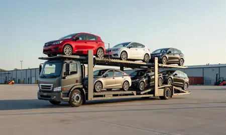 Car transporter loaded with vehicles in Albany, New York, United States
