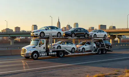 Car transporter with the Albany, New York, United States skyline behind it