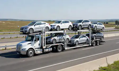 Multi-level car carrier on the highway to Binghamton, New York, United States