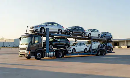 Car transporter loaded with vehicles in Binghamton, New York, United States