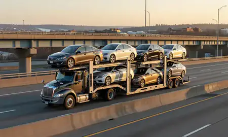 Car transporter with the Binghamton, New York, United States skyline behind it