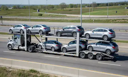 Multi-level car carrier on the highway to Brentwood, New York, United States