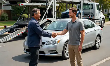 Vehicle owner beside their delivered car in Brentwood, New York, United States