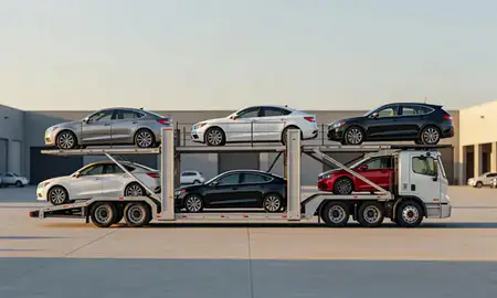 Car transporter parked in an industrial area of Brentwood, New York, United States