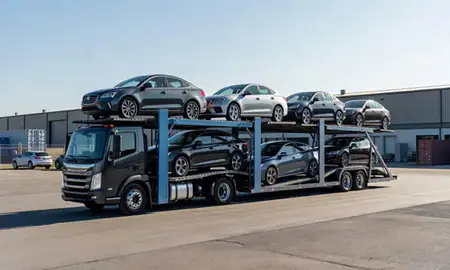 Car transporter loaded with vehicles in Brentwood, New York, United States