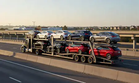 Car transporter with the Brentwood, New York, United States skyline behind it