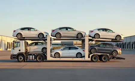 Car transporter parked in an industrial area of Bronx, New York, United States
