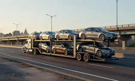 Car transporter with the Bronx, New York, United States skyline behind it