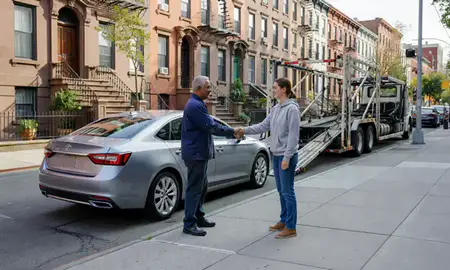 Vehicle owner beside their delivered car in Brooklyn, New York, United States