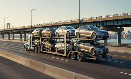 Car transporter with the Brooklyn, New York, United States skyline behind it