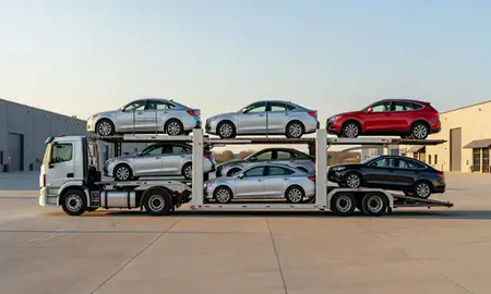 Car transporter parked in an industrial area of Buffalo, New York, United States