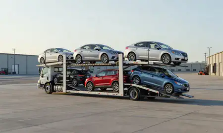 Car transporter loaded with vehicles in Buffalo, New York, United States