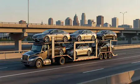 Car transporter with the Buffalo, New York, United States skyline behind it