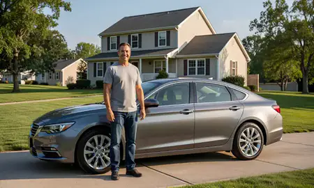 Customer with their delivered car in Coram, New York, United States