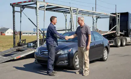 Vehicle owner beside their delivered car in Coram, New York, United States