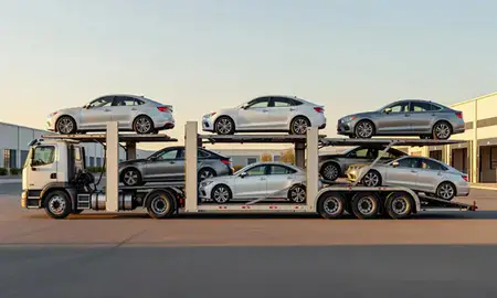 Car transporter parked in an industrial area of Coram, New York, United States