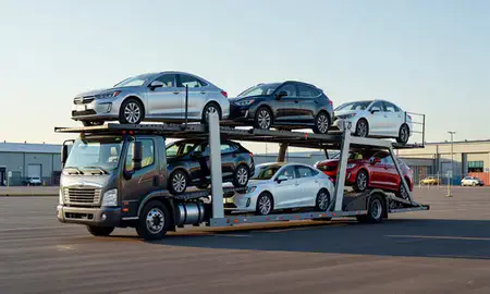 Car transporter loaded with vehicles in Coram, New York, United States