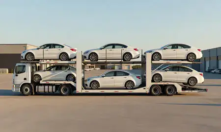 Car transporter parked in an industrial area of Elmont, New York, United States