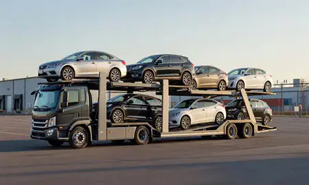 Car transporter loaded with vehicles in Elmont, New York, United States
