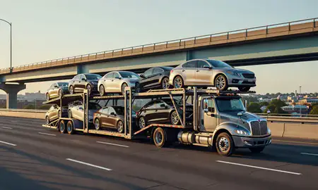 Car transporter with the Elmont, New York, United States skyline behind it