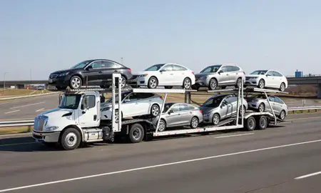 Multi-level car carrier on the highway to Freeport, New York, United States
