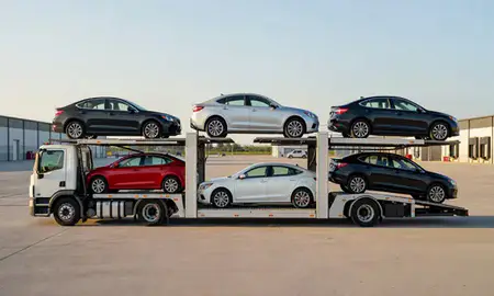 Car transporter parked in an industrial area of Freeport, New York, United States