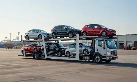 Car transporter loaded with vehicles in Freeport, New York, United States