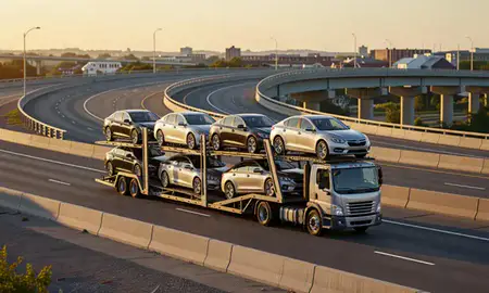 Car transporter with the Freeport, New York, United States skyline behind it