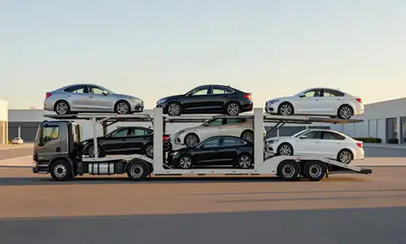 Car transporter parked in an industrial area of Glens Falls, New York, United States