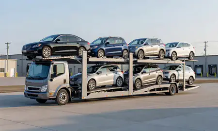 Car transporter loaded with vehicles in Glens Falls, New York, United States