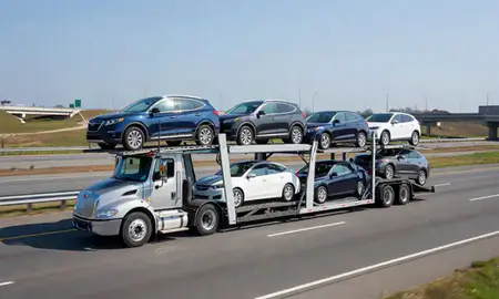 Multi-level car carrier on the highway to Hicksville, New York, United States