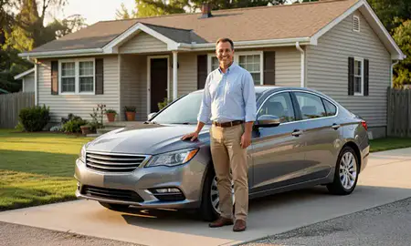 Customer with their delivered car in Hicksville, New York, United States