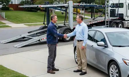 Vehicle owner beside their delivered car in Hicksville, New York, United States