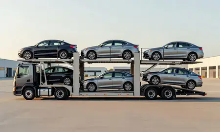 Car transporter parked in an industrial area of Hicksville, New York, United States