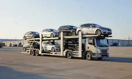Car transporter loaded with vehicles in Hicksville, New York, United States