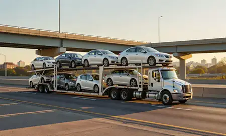 Car transporter with the Hicksville, New York, United States skyline behind it