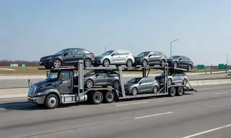 Multi-level car carrier on the highway to Levittown, New York, United States