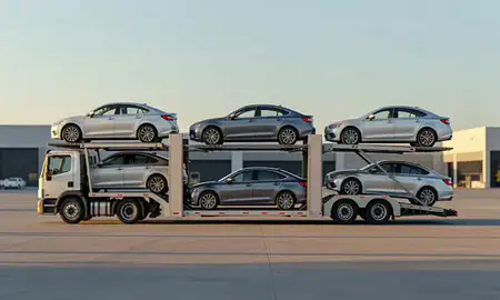Car transporter parked in an industrial area of Levittown, New York, United States