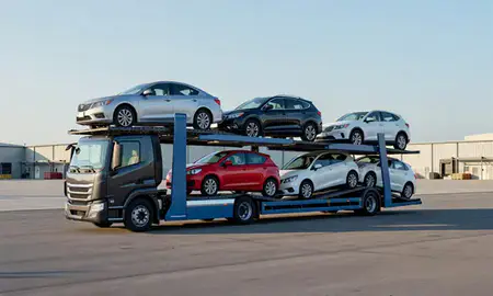 Car transporter loaded with vehicles in Levittown, New York, United States
