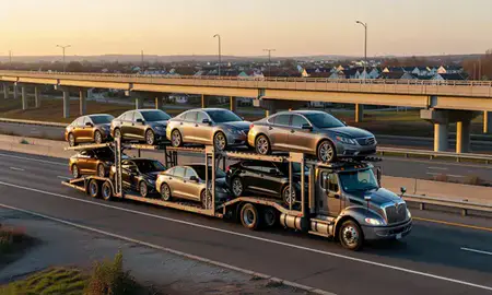 Car transporter with the Levittown, New York, United States skyline behind it