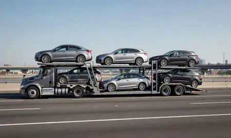 Multi-level car carrier on the highway to Manhattan, New York, United States