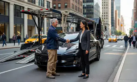 Vehicle owner beside their delivered car in Manhattan, New York, United States