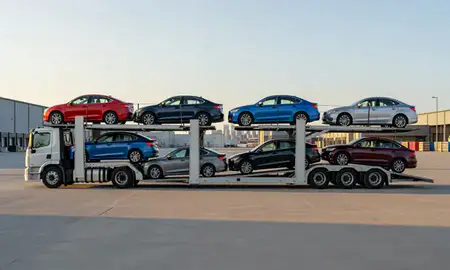 Car transporter parked in an industrial area of Manhattan, New York, United States