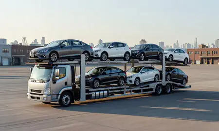 Car transporter loaded with vehicles in Manhattan, New York, United States