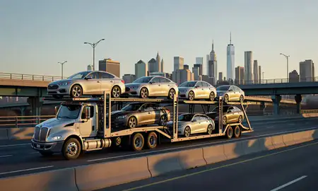 Car transporter with the Manhattan, New York, United States skyline behind it