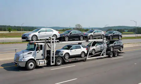 Multi-level car carrier on the highway to Mount Vernon, New York, United States