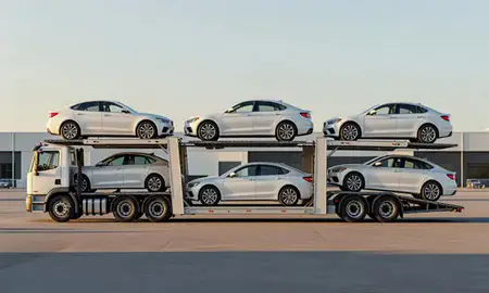 Car transporter parked in an industrial area of Mount Vernon, New York, United States